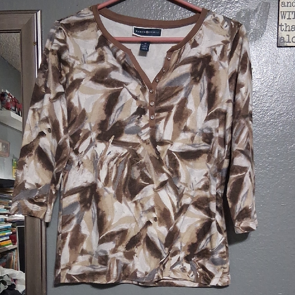 Karen Scott Beige and Brown Abstract Top - Picture 2 of 6